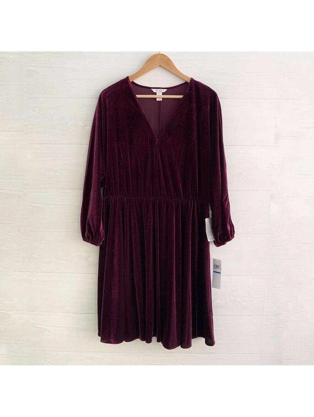 NWT London Times Aubergine Purple Velvet V-Neck Long Sleeve Dress XL